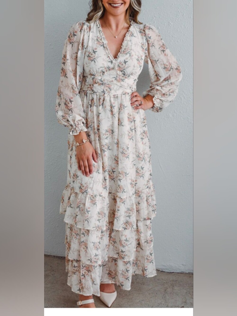 Ivory Floral Ruffle Maxi Dress - V-Neck Long Sleeve
